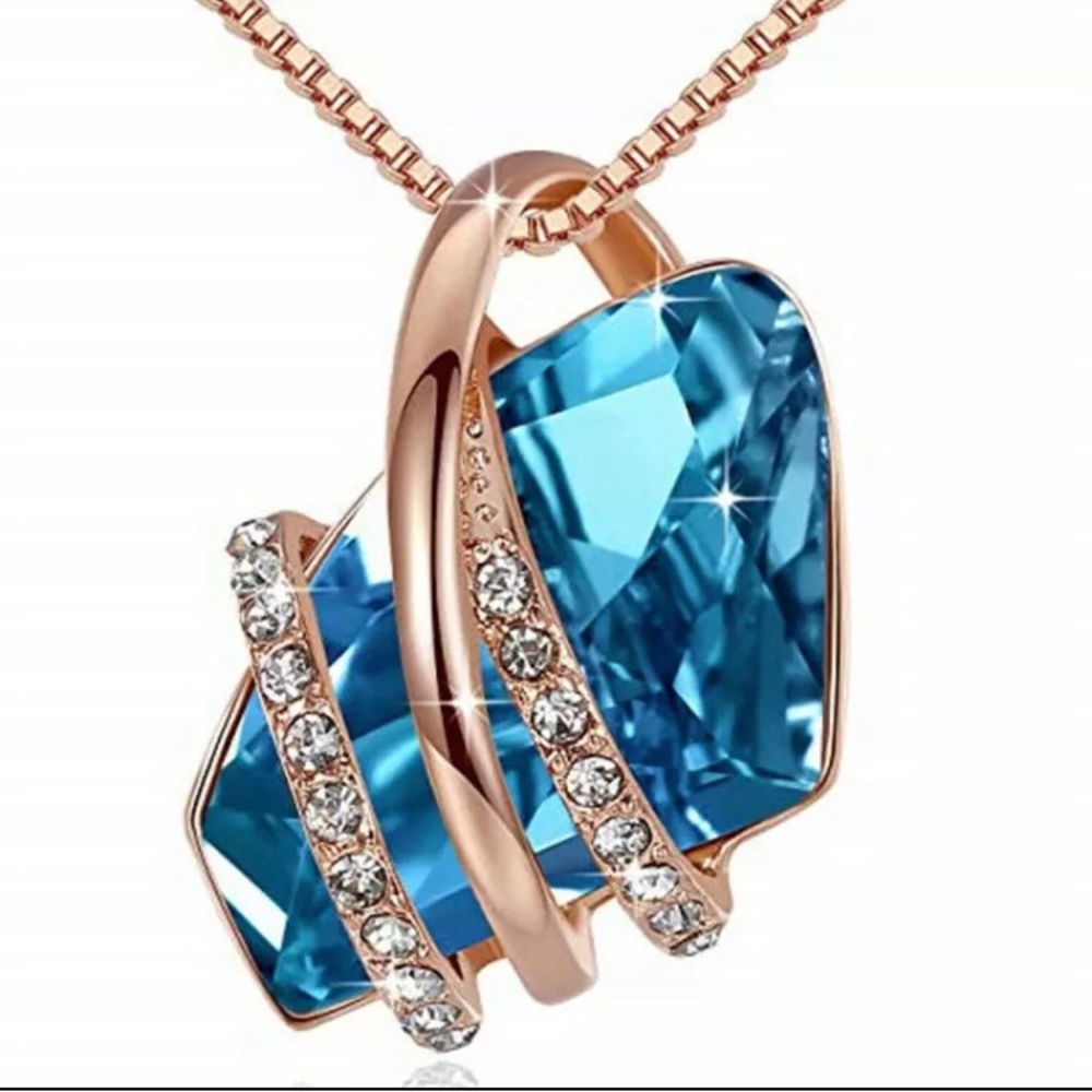 Clearance! Blue abstract futuristic crystal wrap rose gold necklace